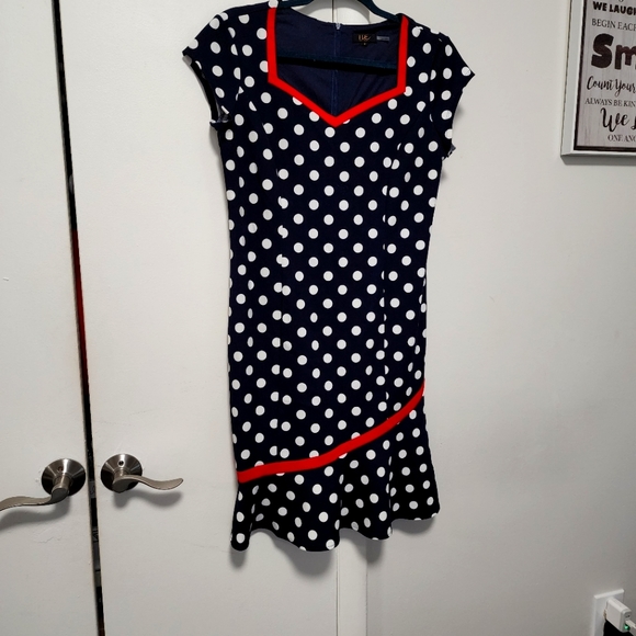Pretty Midi Navy Blue Dress white Dots - Picture 5 of 5